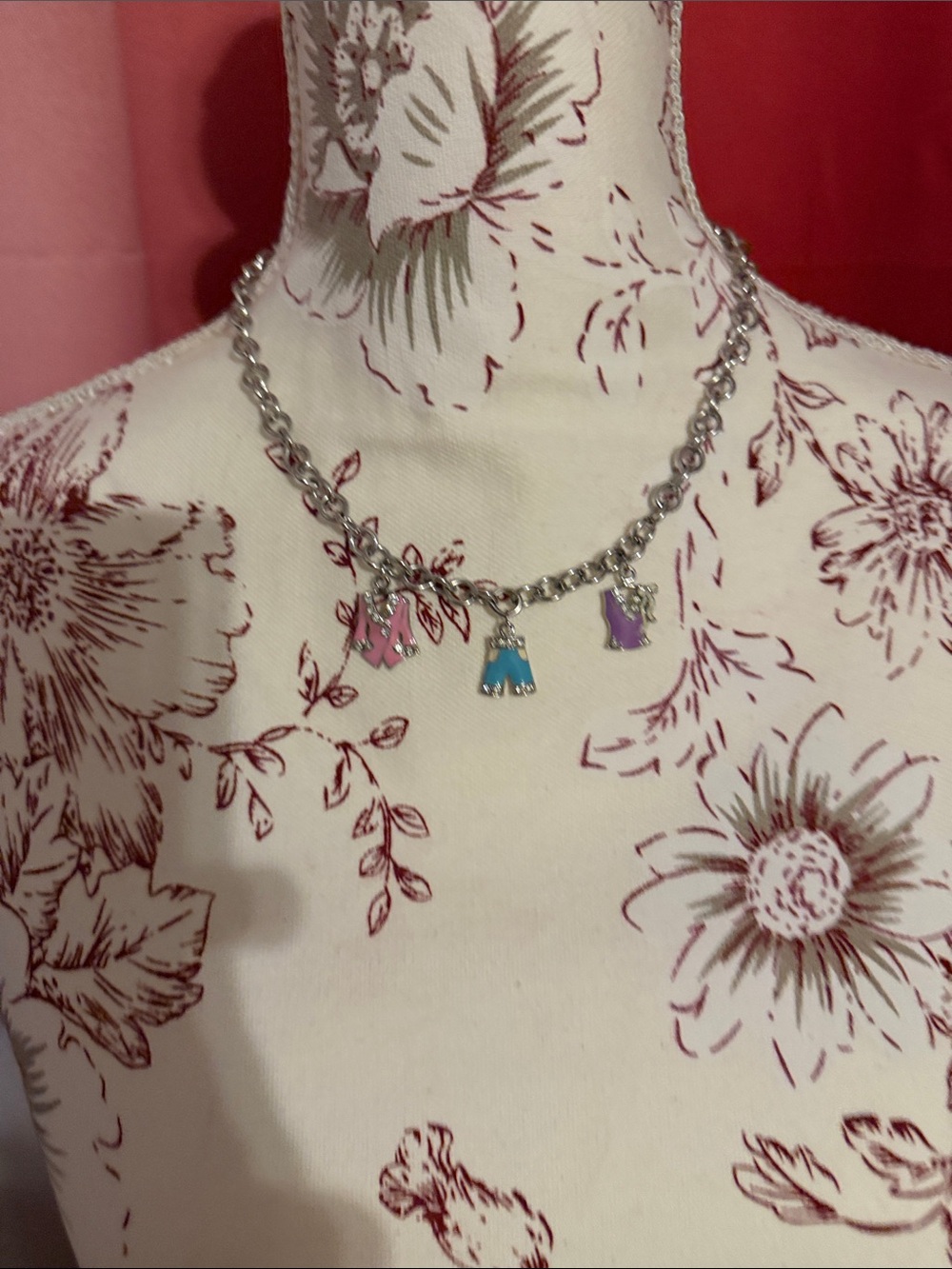 Silver Chain Necklace with Pink, Blue and Purple Dress Charms